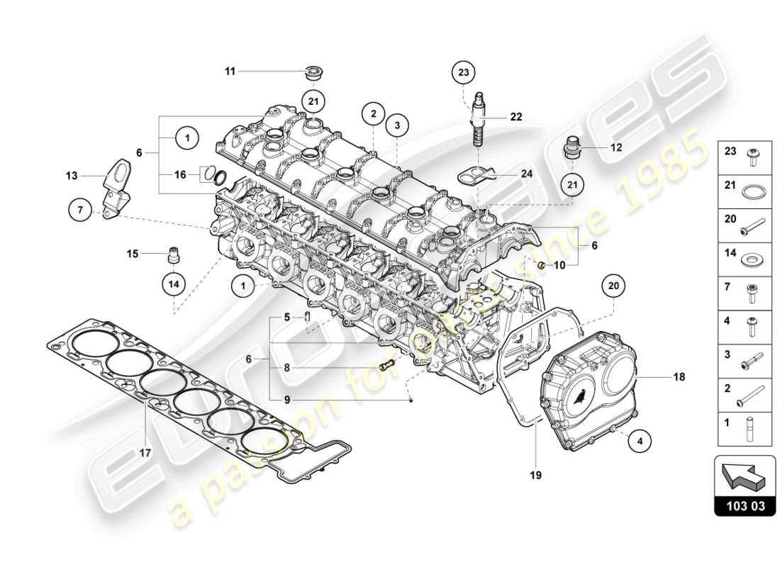 lamborghini lp740-4 s coupe (2021) cylinder head with studs and centering sleeves part diagram