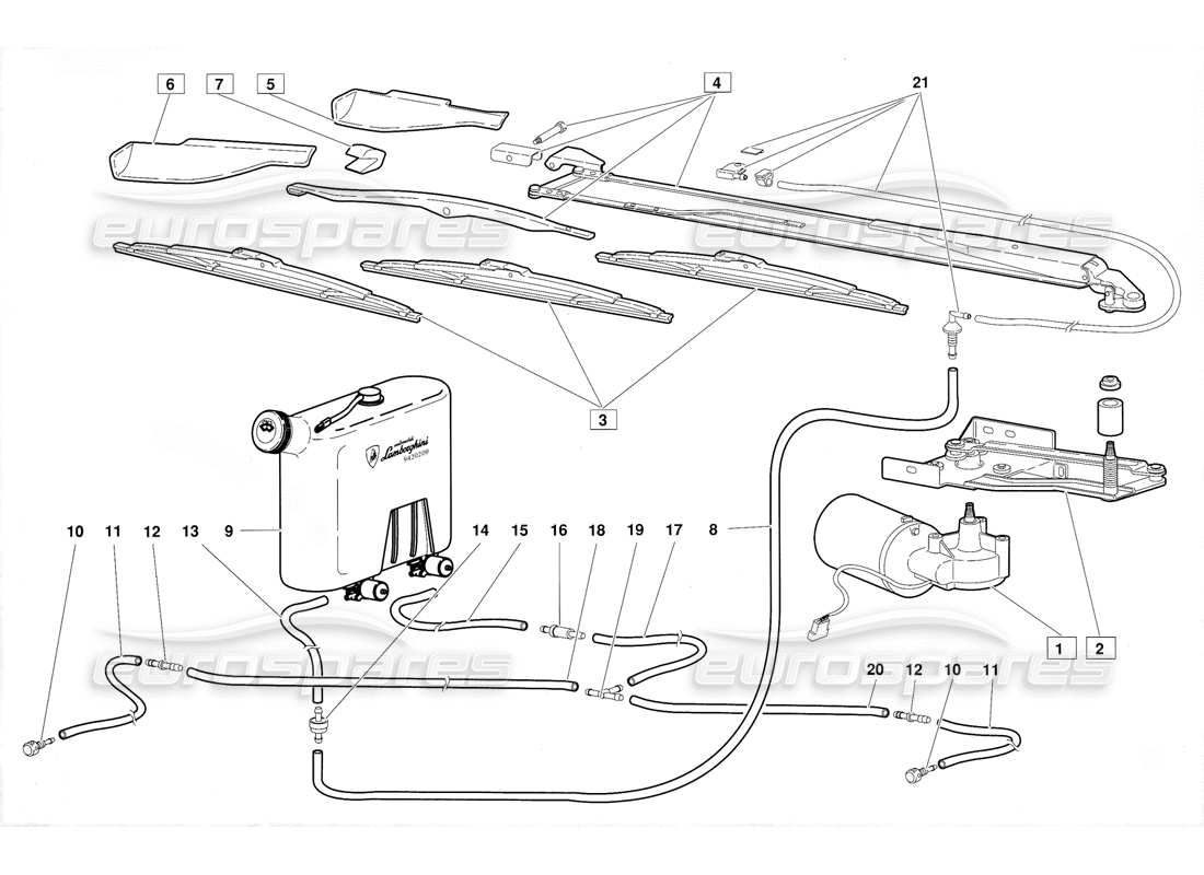 lamborghini diablo (1991) windscreen wiper and headlamp washers (valid for june 1992 version) parts diagram