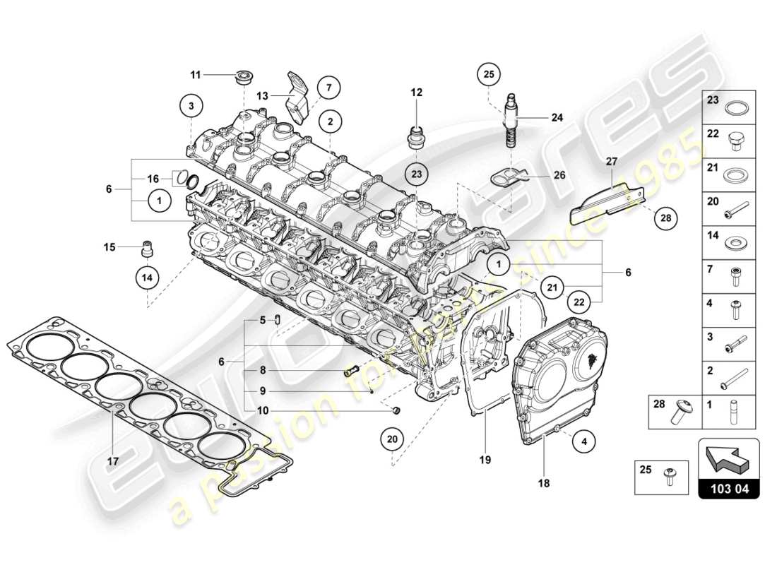 lamborghini lp740-4 s roadster (2020) cylinder head with studs and centering sleeves part diagram