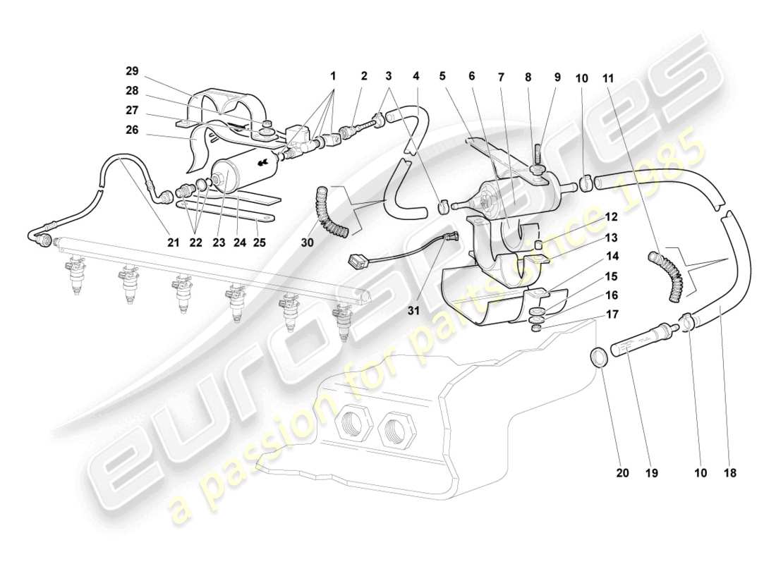 lamborghini murcielago coupe (2005) fuel line with breather pipe part diagram