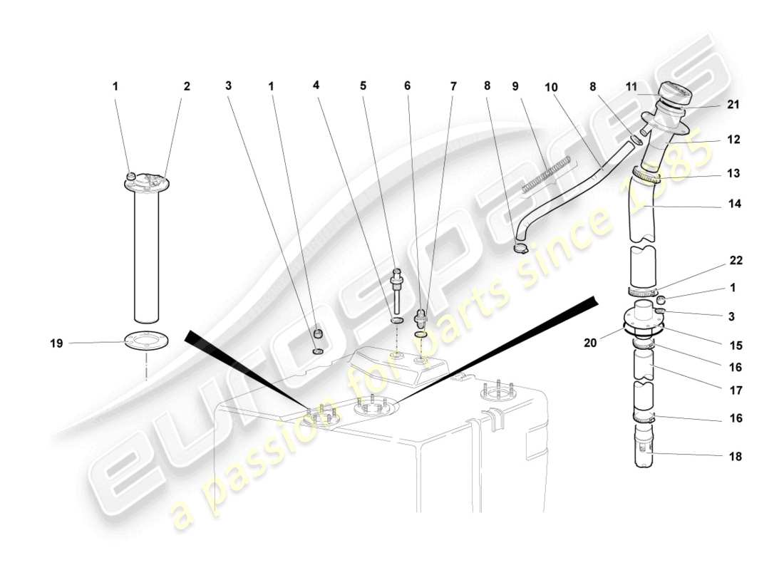 lamborghini murcielago coupe (2002) fuel filler pipe with attachments part diagram