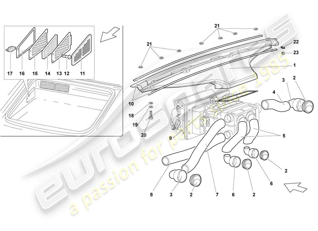 lamborghini murcielago coupe (2005) air and footwell heater ducts, air hoses and vents parts diagram