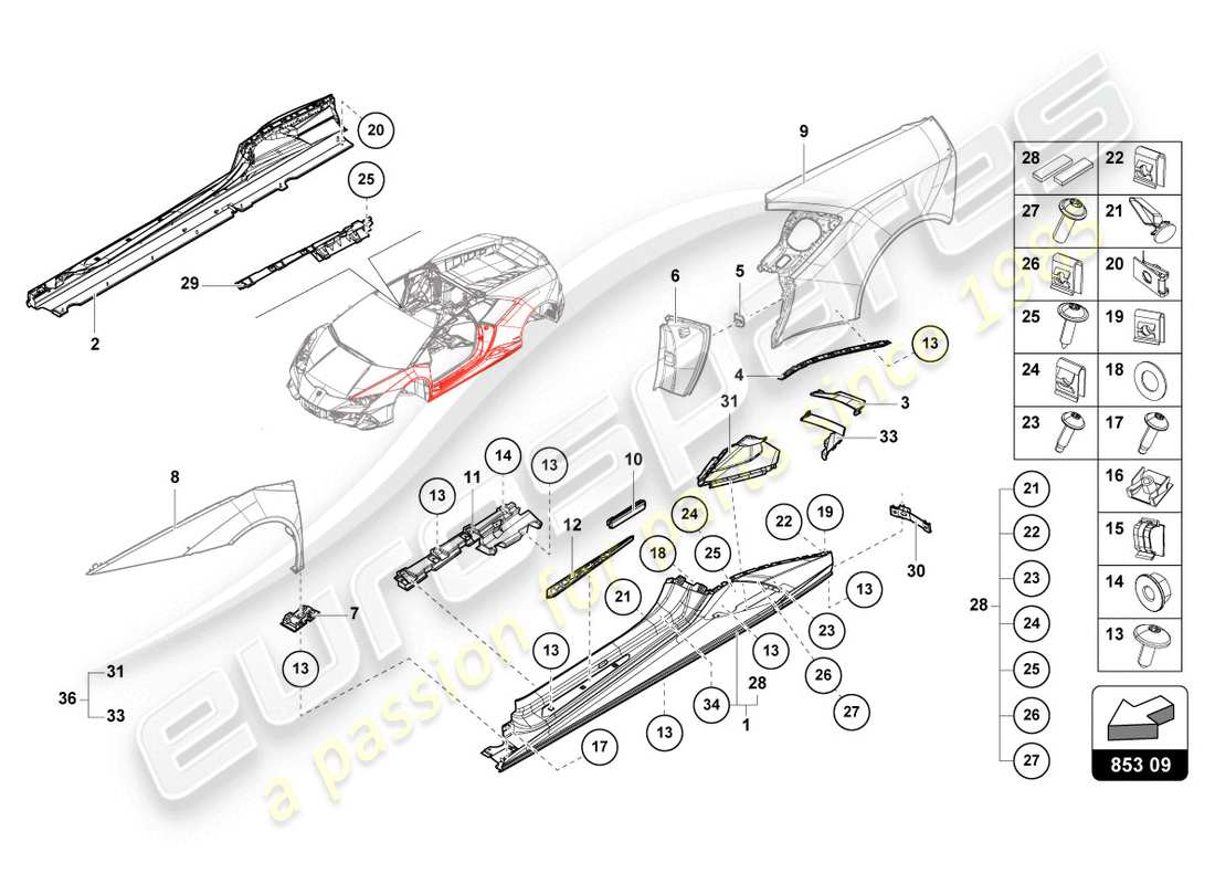 lamborghini 2020 (evo coupe 2wd) lower external side member for wheel housing part diagram