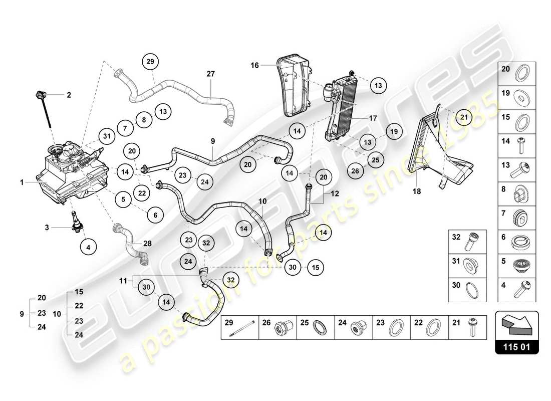 lamborghini evo spyder (2020) hydraulic system and fluid container with connect. pieces part diagram
