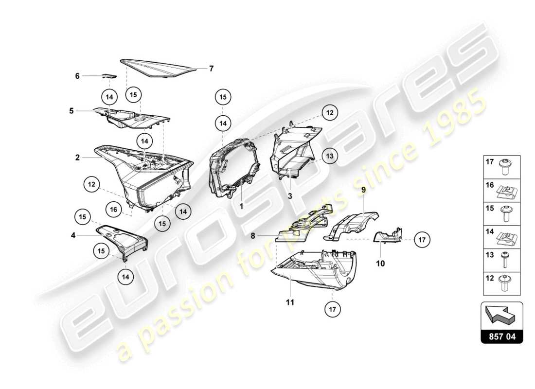 lamborghini evo spyder (2020) instrument housing for rev counter and daily distance recorder parts diagram