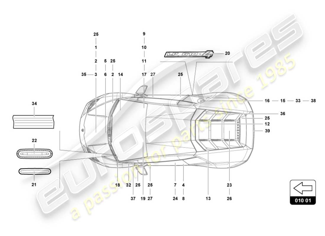 lamborghini performante coupe (2018) inscriptions/lettering parts diagram