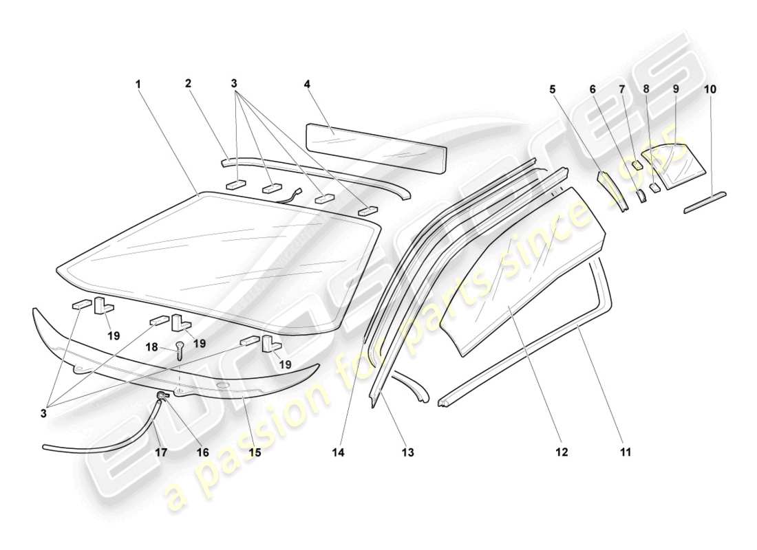 lamborghini murcielago coupe (2002) window glasses parts diagram