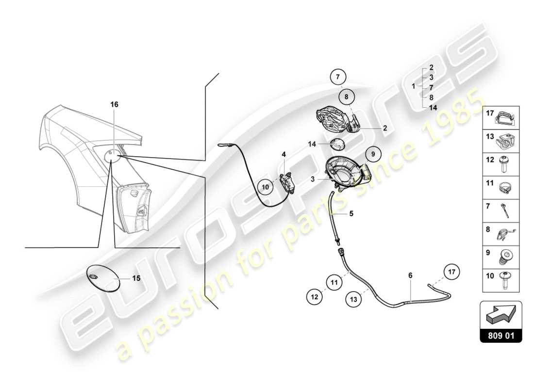 lamborghini performante coupe (2019) fuel filler flap parts diagram