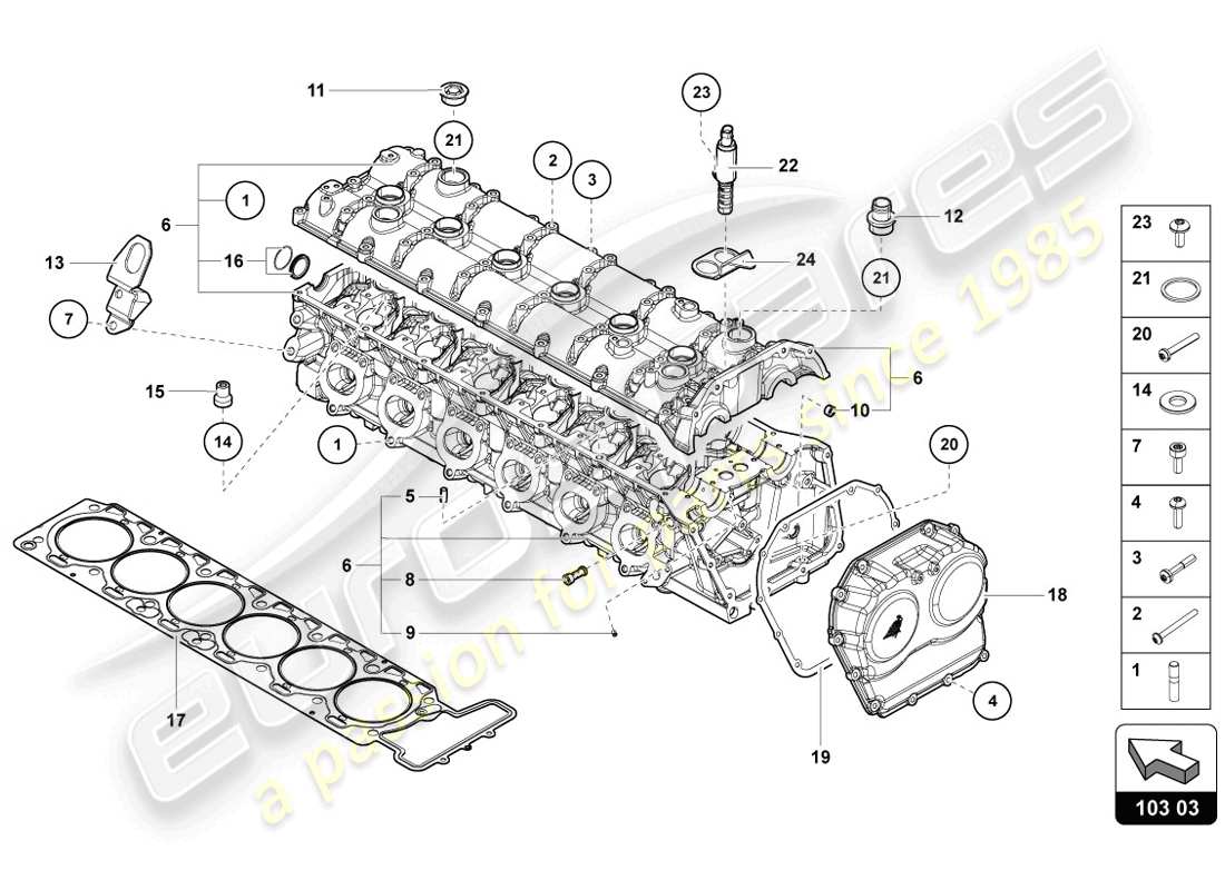 lamborghini lp720-4 coupe 50 (2014) cylinder head with studs and centering sleeves parts diagram