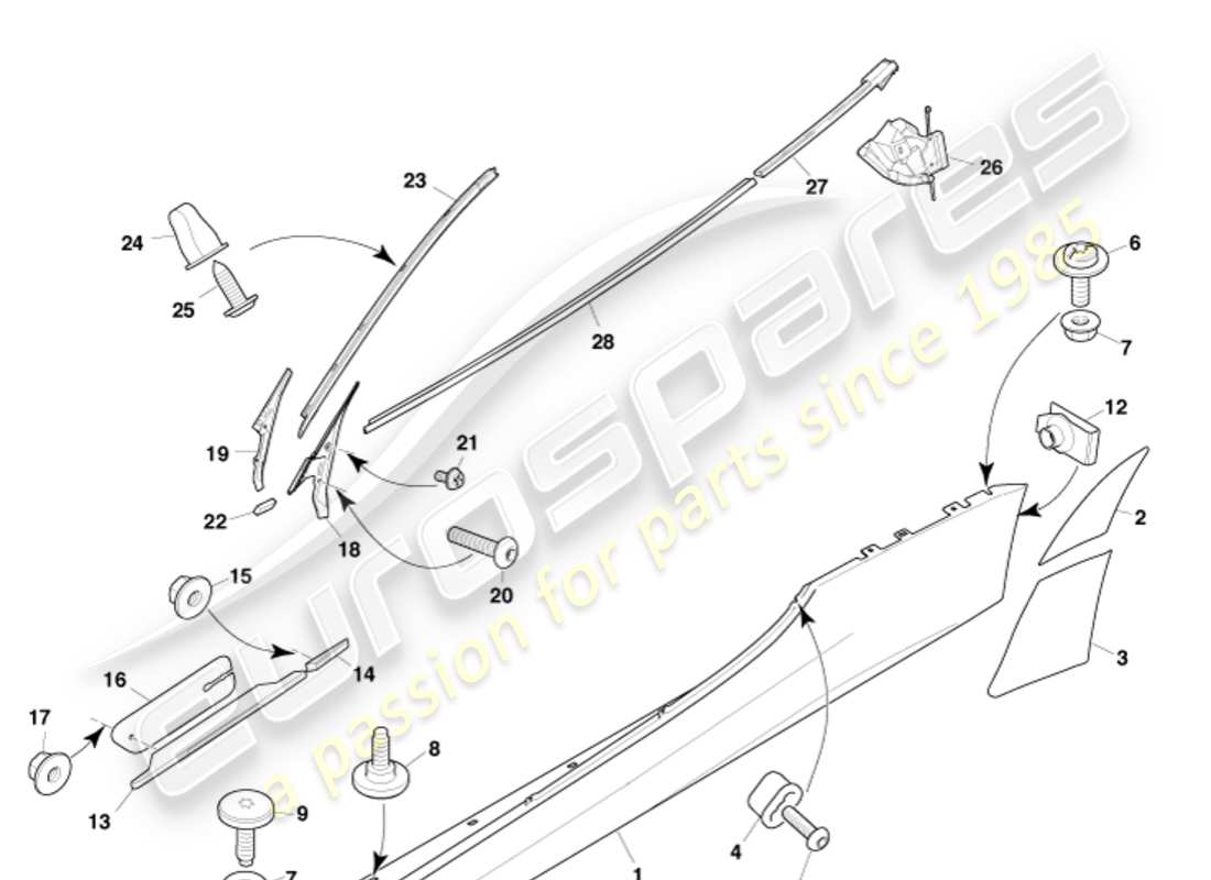 aston martin dbs (2011) bodyside & quarter trim, volante part diagram