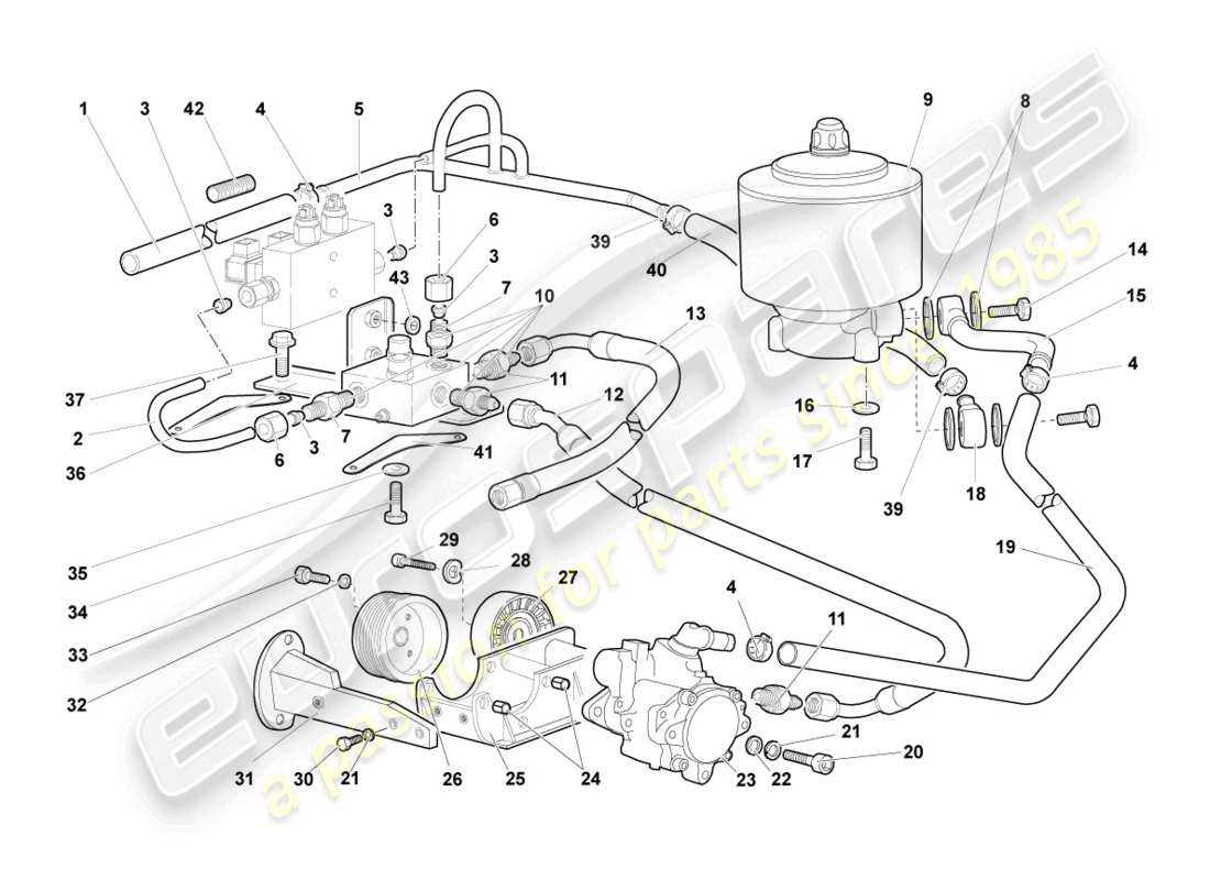 lamborghini murcielago coupe (2002) hydraulic system and fluid container with connect. pieces part diagram