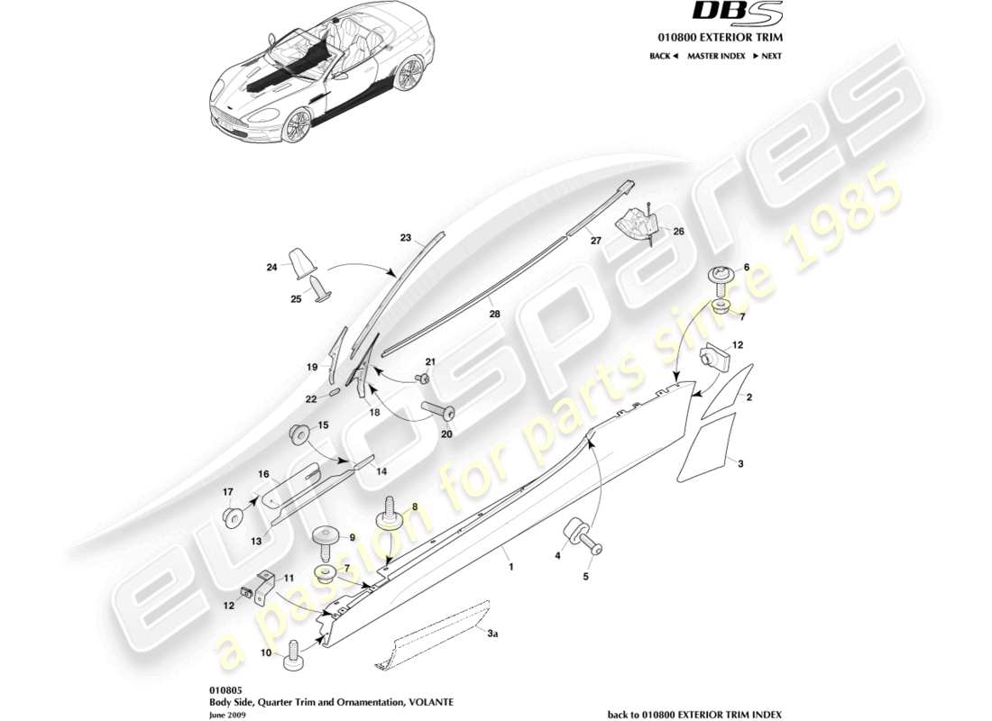 aston martin dbs (2007) bodyside & quarter trim, volante part diagram