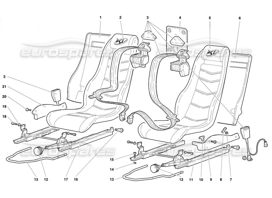 lamborghini diablo sv (1997) seats and safety belts part diagram