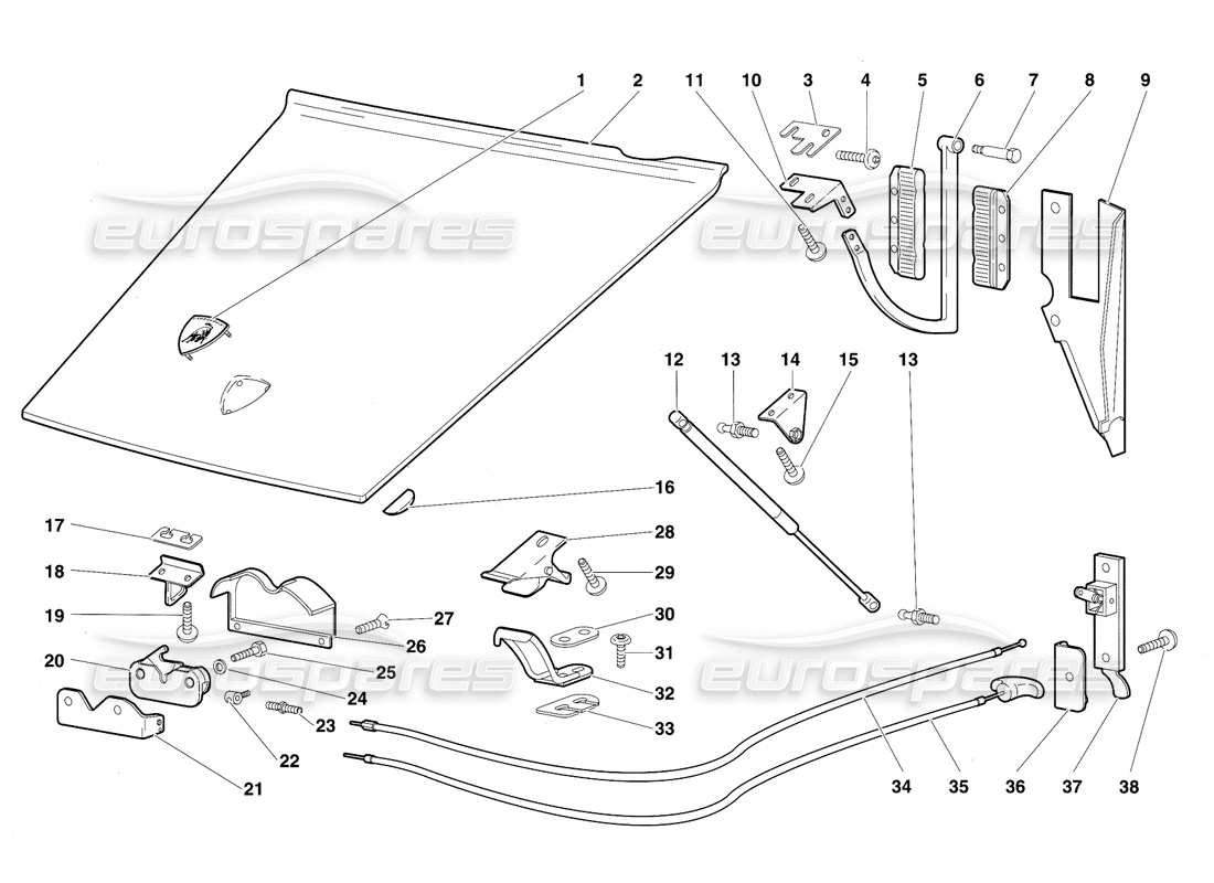 lamborghini diablo (1991) front hood parts diagram
