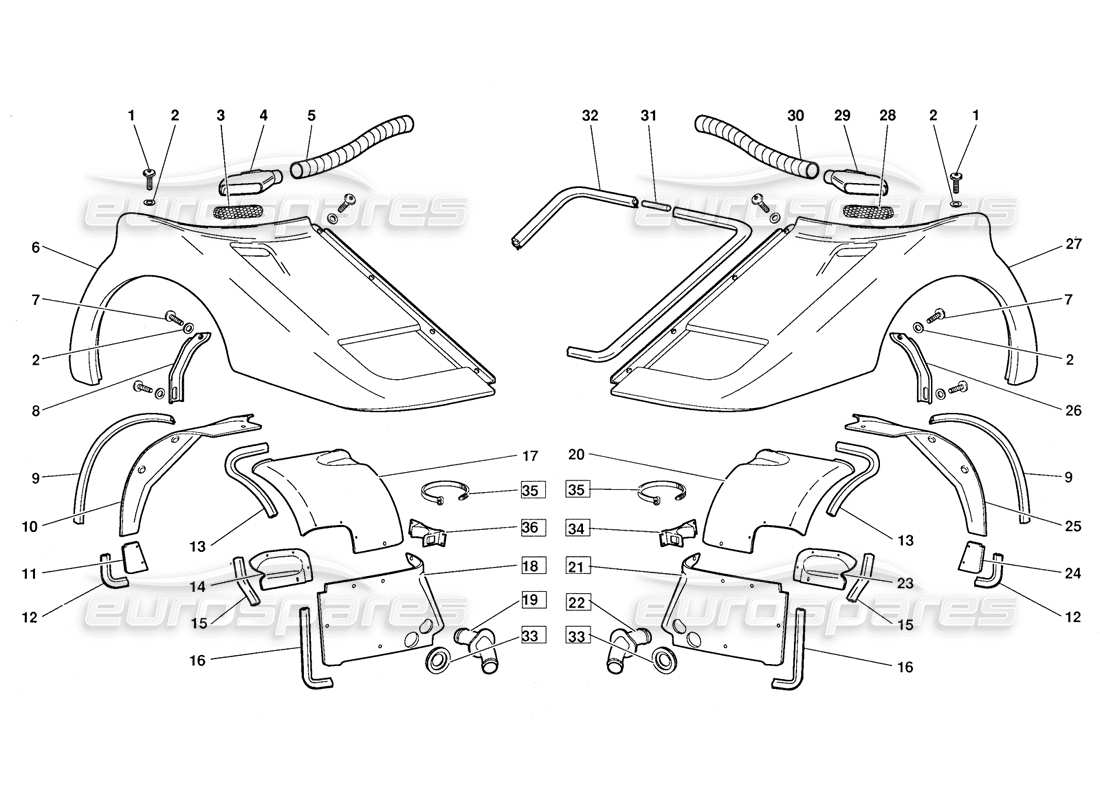 lamborghini diablo (1991) front body elements (valid for october 1991 version) parts diagram