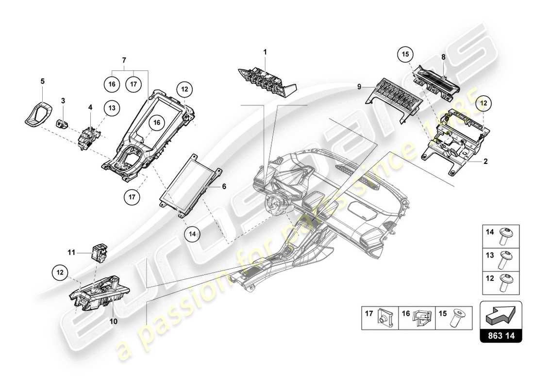 lamborghini evo spyder (2020) centre console, upper part parts diagram