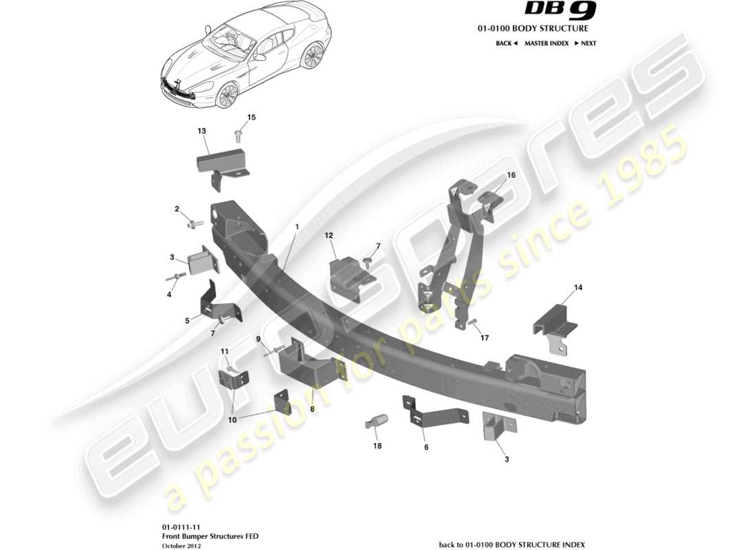 aston martin db9 (2017) front bumper structure, federal part diagram