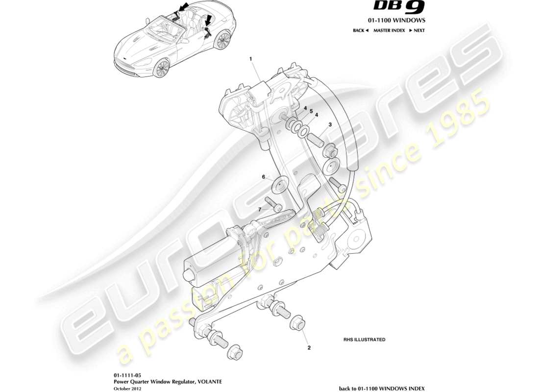 aston martin db9 (2013) rear quarter window regulator, volante part diagram