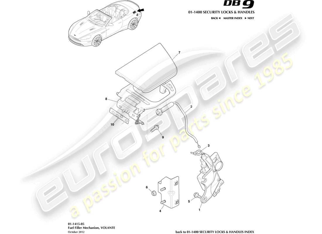 aston martin db9 (2016) fuel filler mechanism, volante part diagram