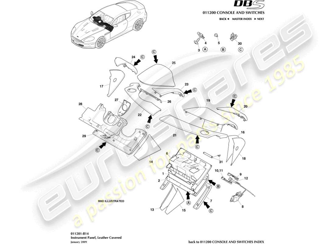 aston martin dbs (2014) instrument panel, leather, b&o part diagram