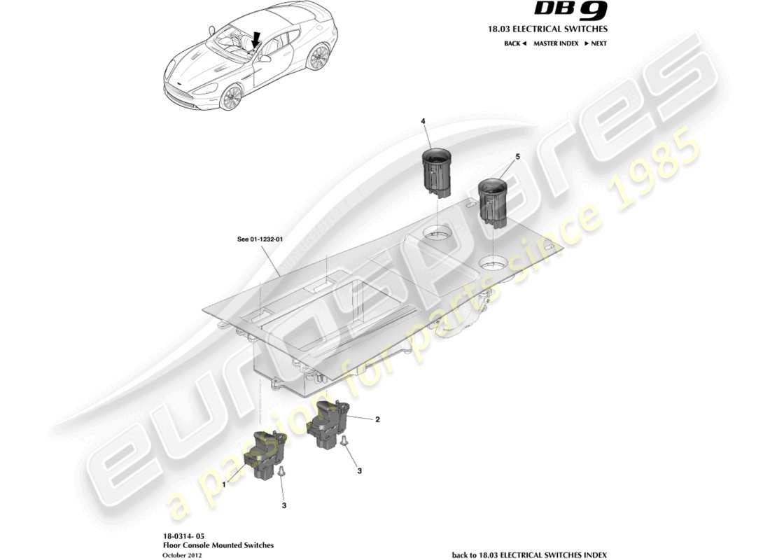 aston martin db9 (2013) floor console switches part diagram