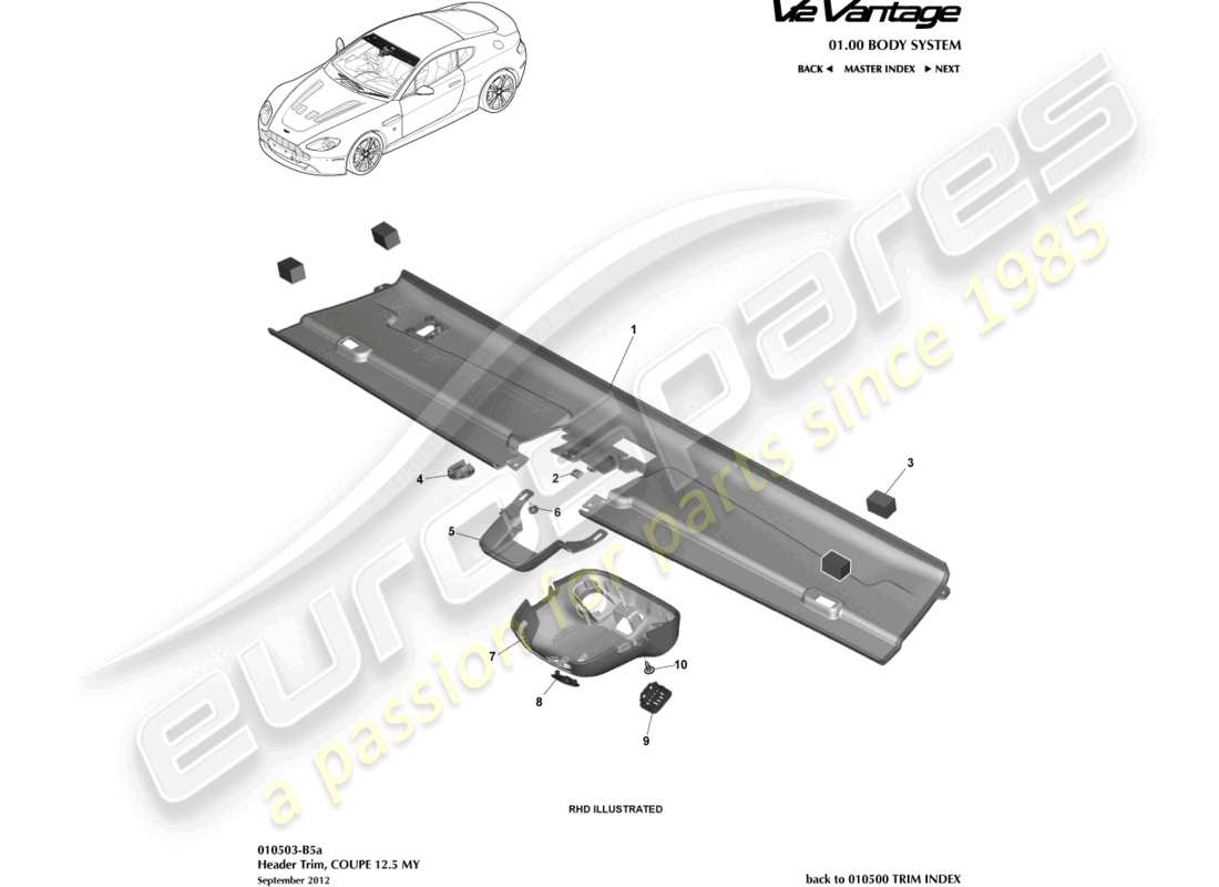 aston martin v12 vantage (2010) header trim, coupe 12.5my part diagram