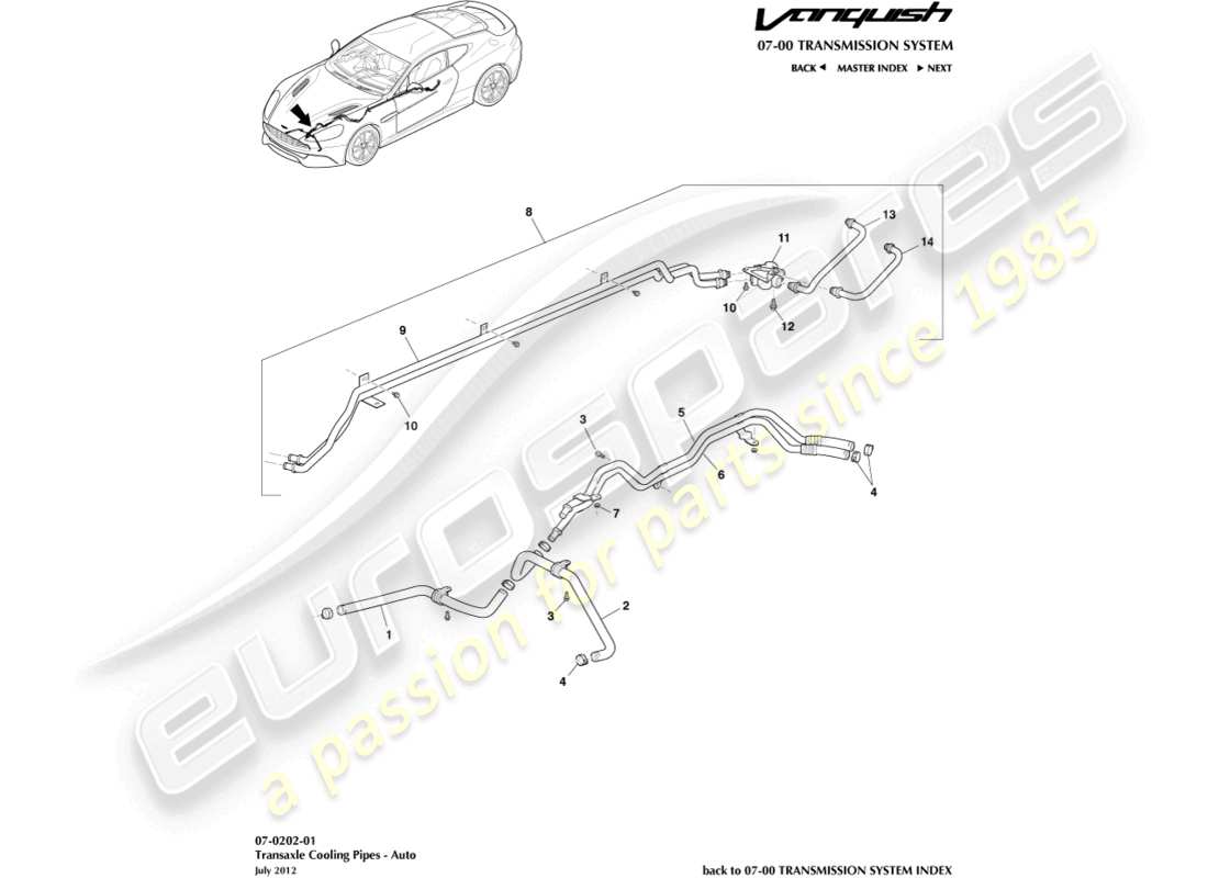 aston martin vanquish (2015) transmission oil cooler pipes part diagram
