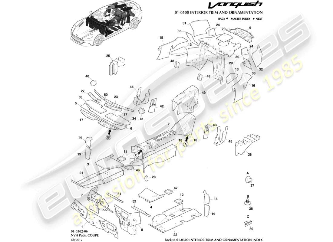 aston martin vanquish (2015) nvh pads, coupe part diagram