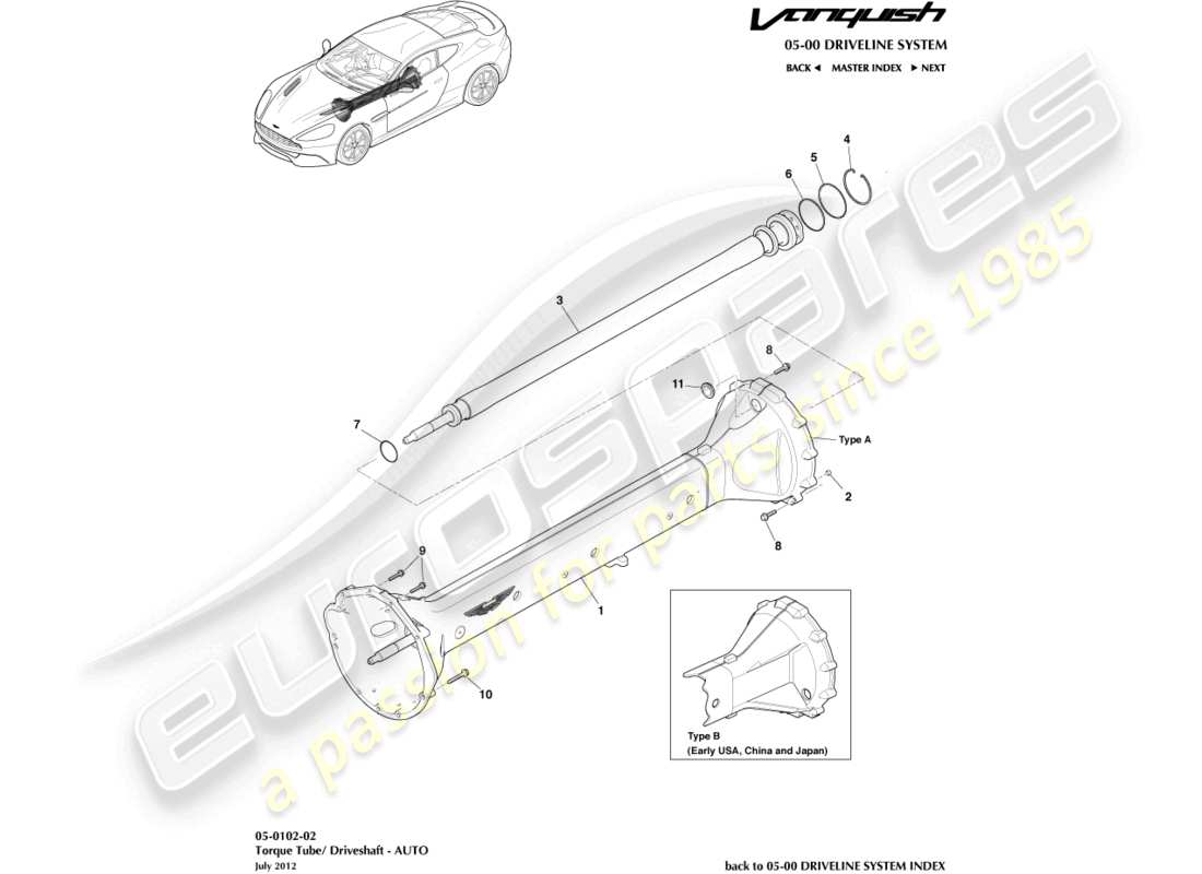 aston martin vanquish (2015) torque tube assembly, 6 spd part diagram