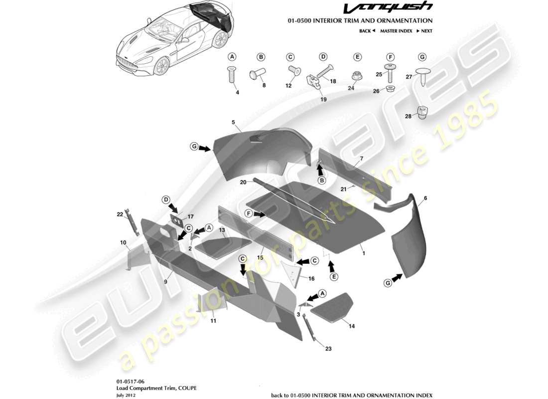 aston martin vanquish (2015) load compartment trim, coupe part diagram