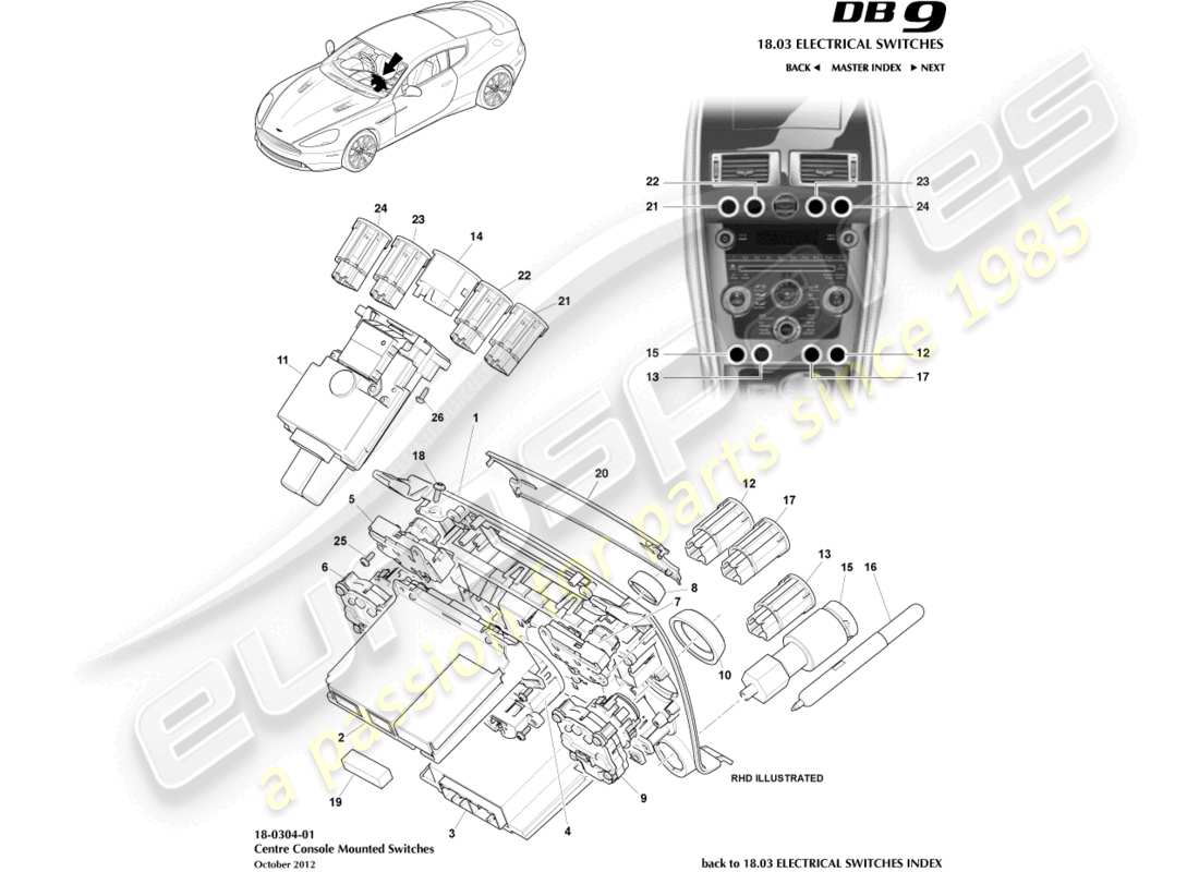 aston martin db9 (2016) centre console switches, to 16my part diagram