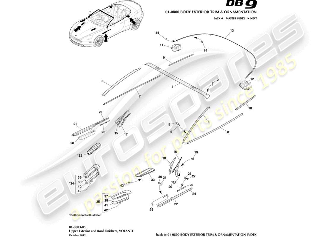 aston martin db9 (2017) upper exterior finishers, volante part diagram