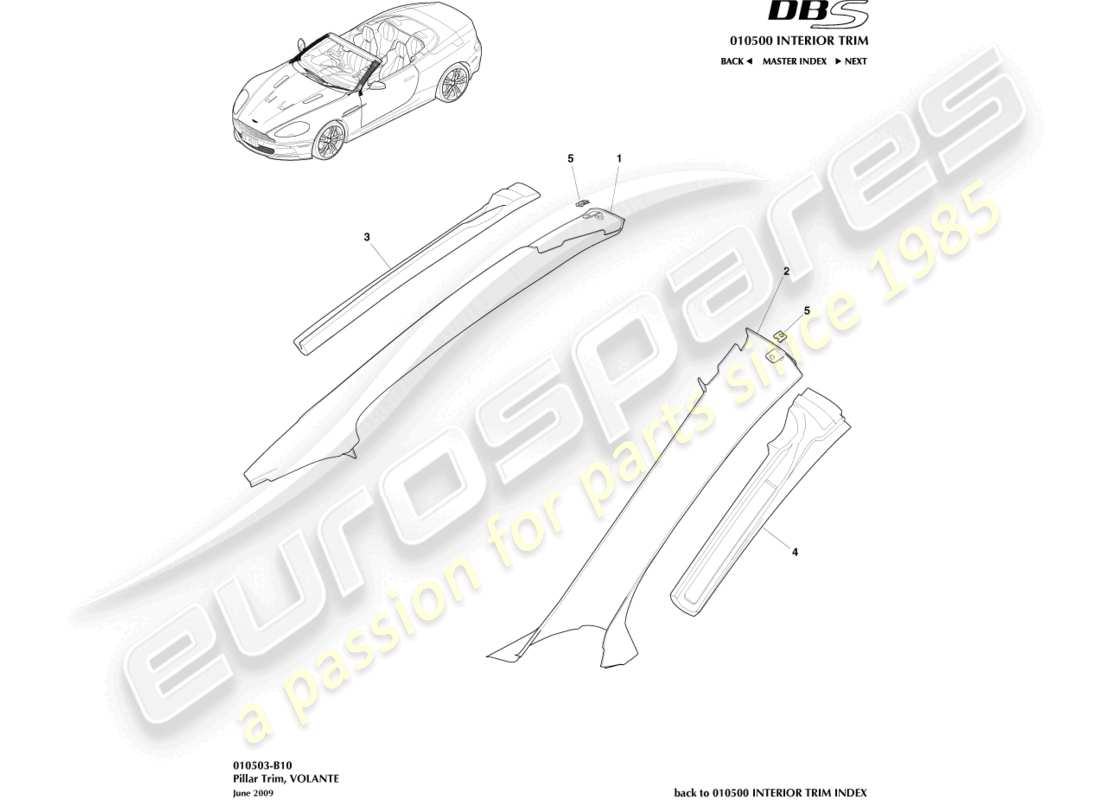 aston martin dbs (2007) pillar trim, upper, volante part diagram