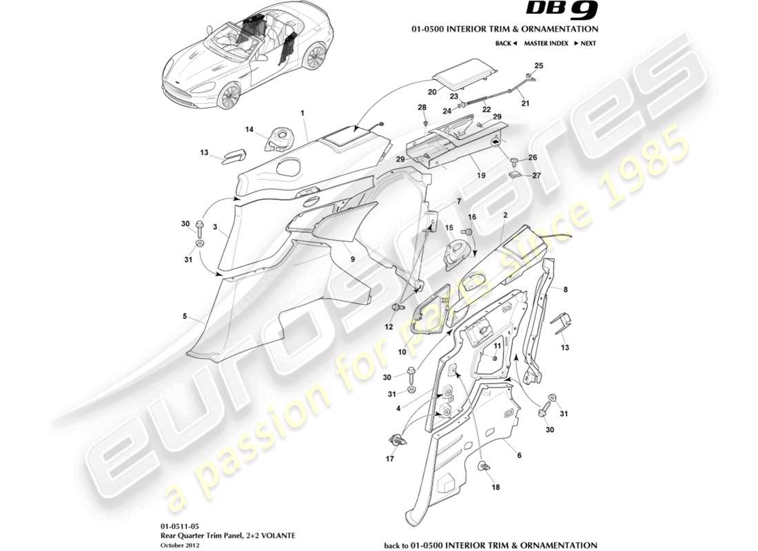 aston martin db9 (2017) rear quarter trim panel, 2+2 volante part diagram