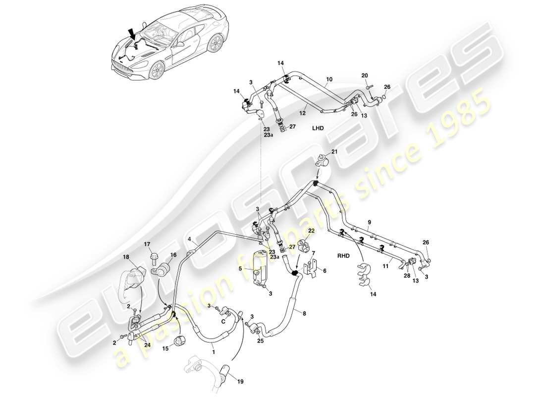 aston martin vanquish (2013) air con lines, r134a gas part diagram