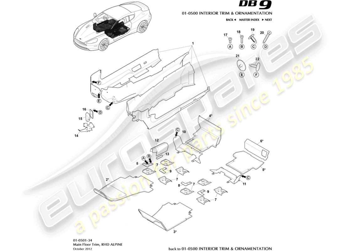 aston martin db9 (2017) main floor trim, rhd, alpine part diagram
