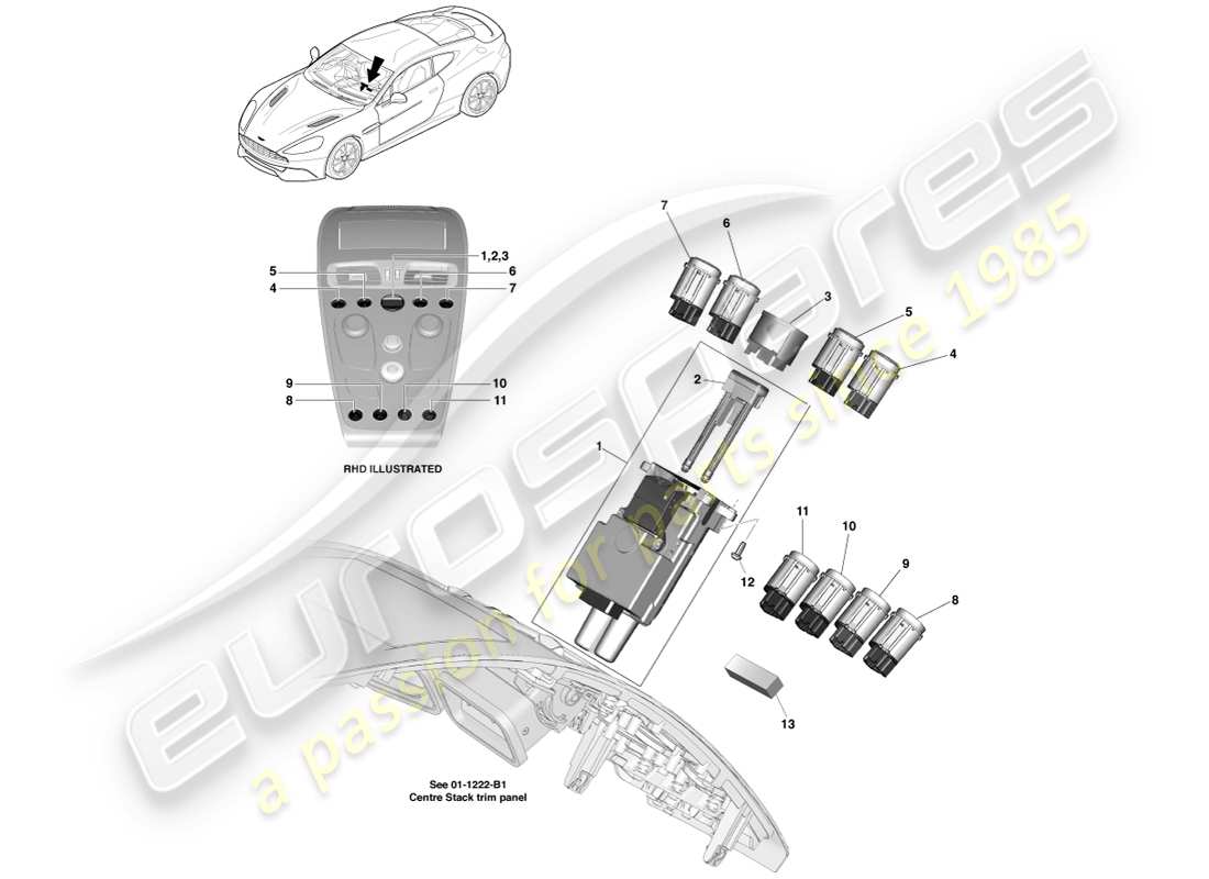 aston martin vanquish (2013) centre console switches part diagram