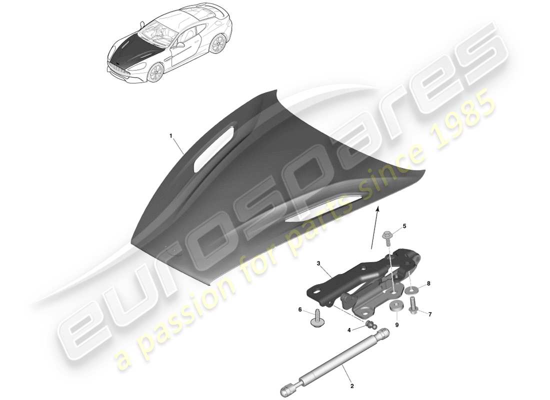 aston martin vanquish (2014) bonnet and hinges part diagram