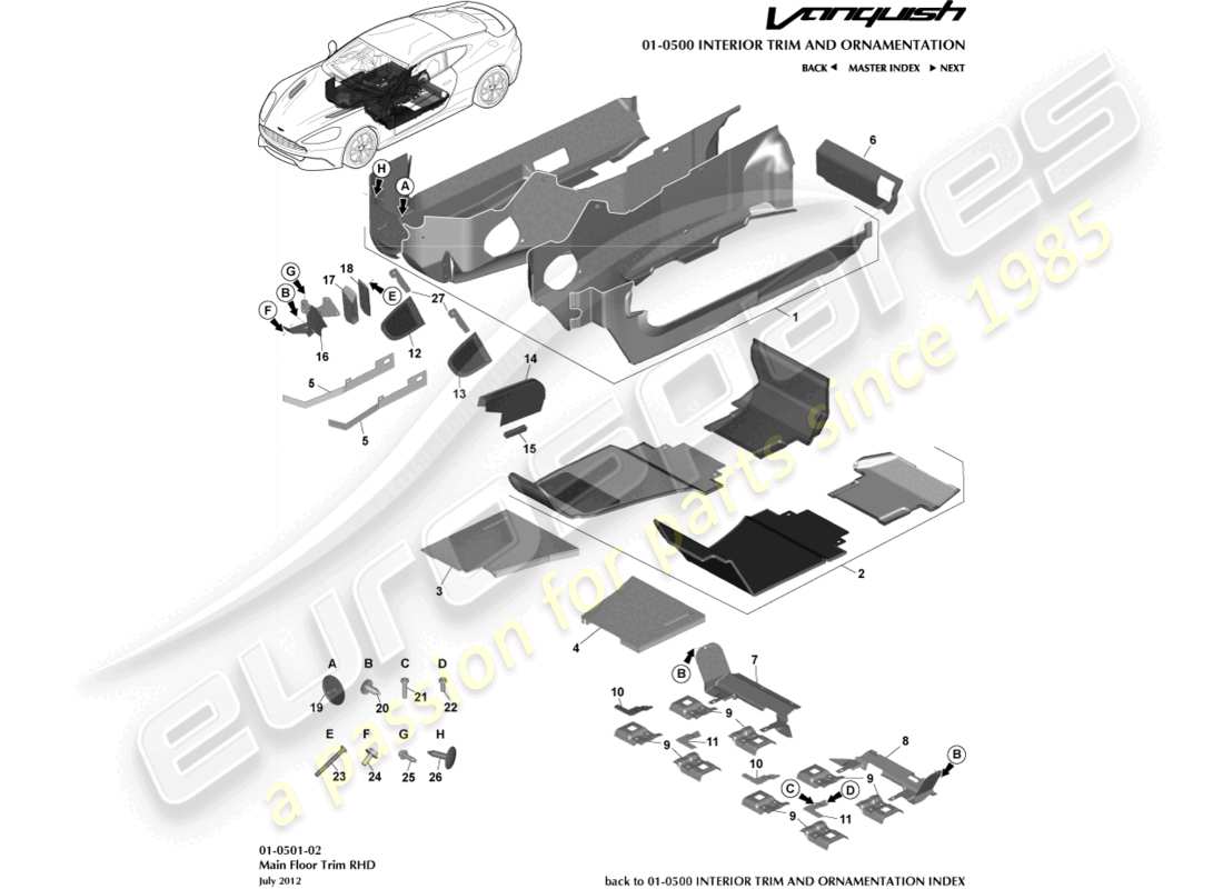 aston martin vanquish (2015) main floor trim, rhd part diagram