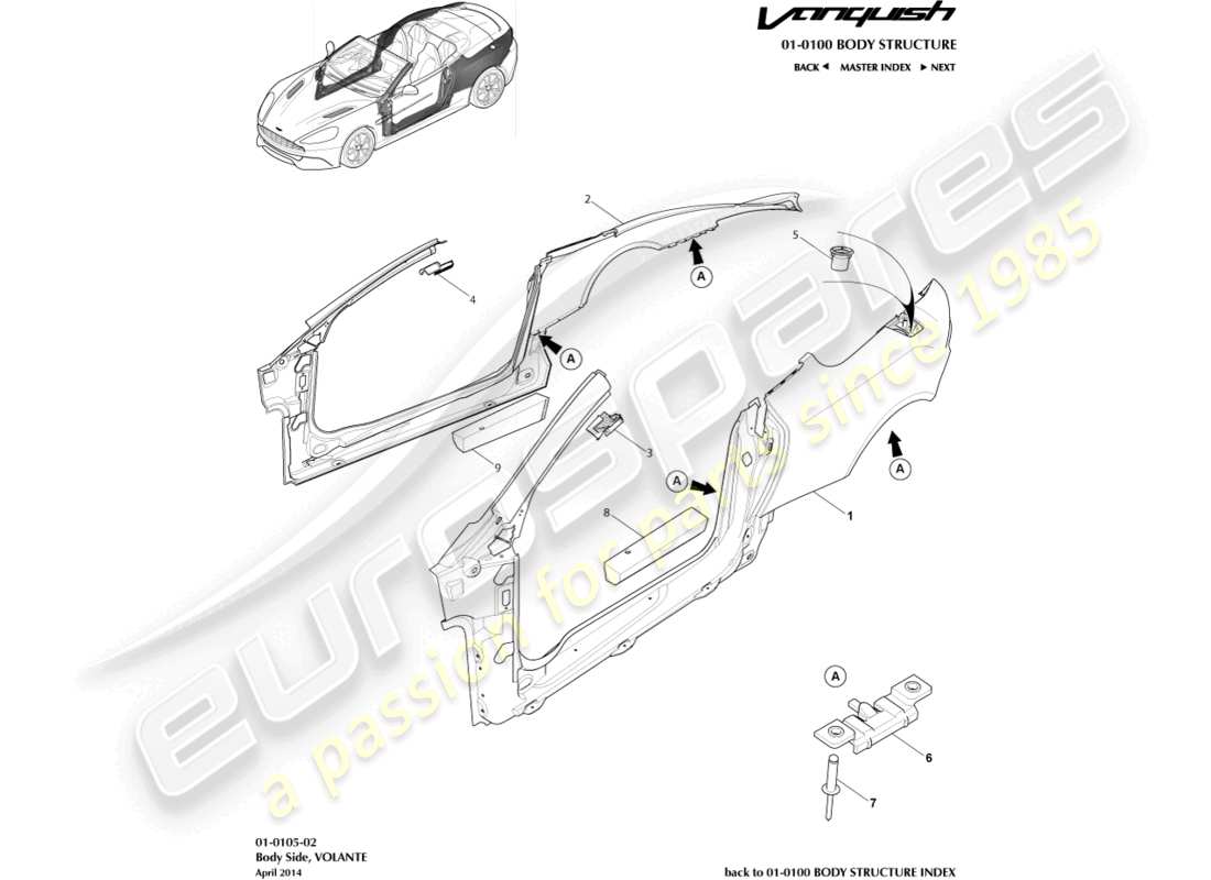 aston martin vanquish (2015) body side, volante part diagram