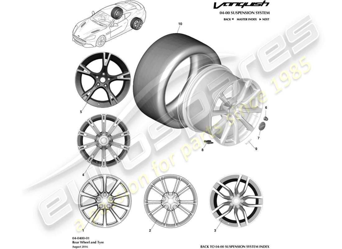 aston martin vanquish (2018) wheel & tyres, rear parts diagram