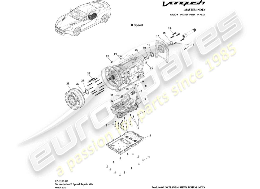 aston martin vanquish (2015) transmission kits, 8 spd part diagram