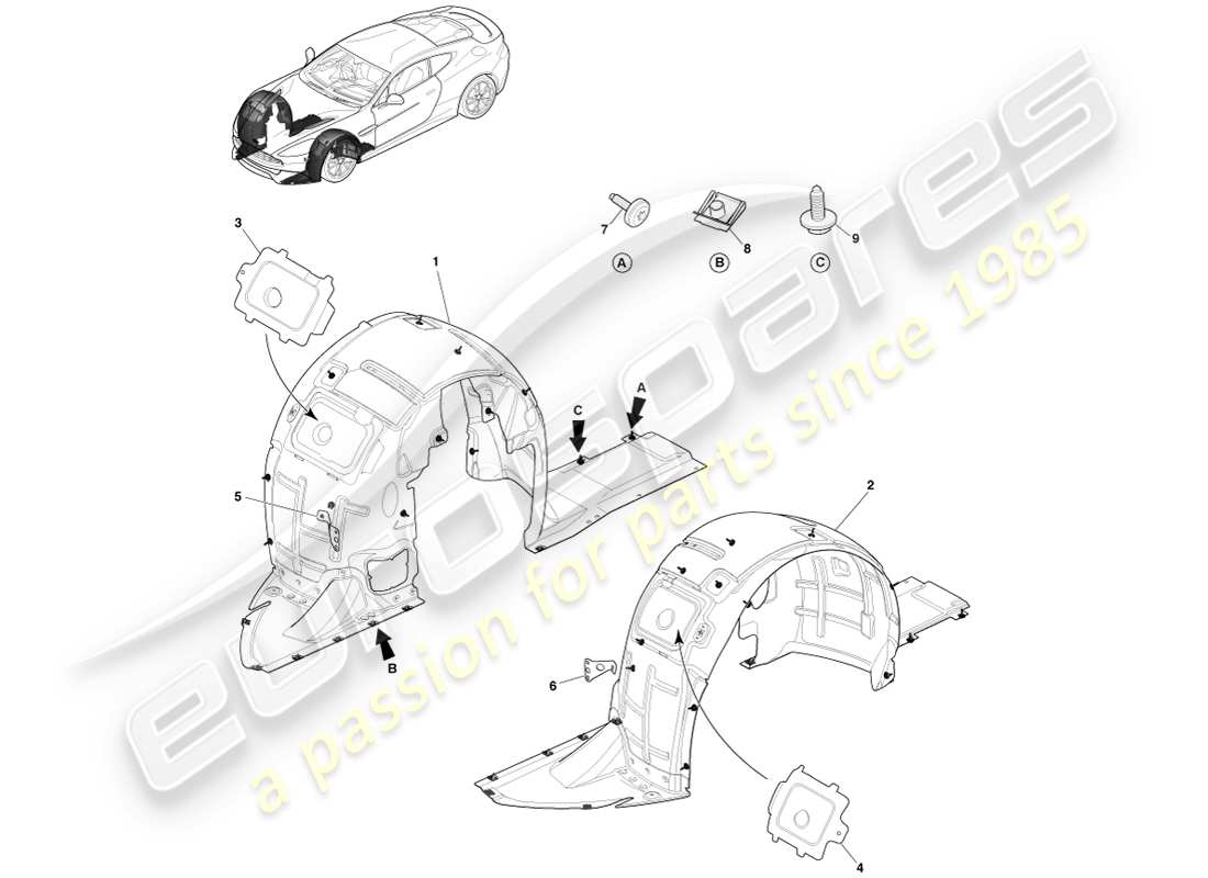 aston martin vanquish (2014) front wheel arch liners part diagram