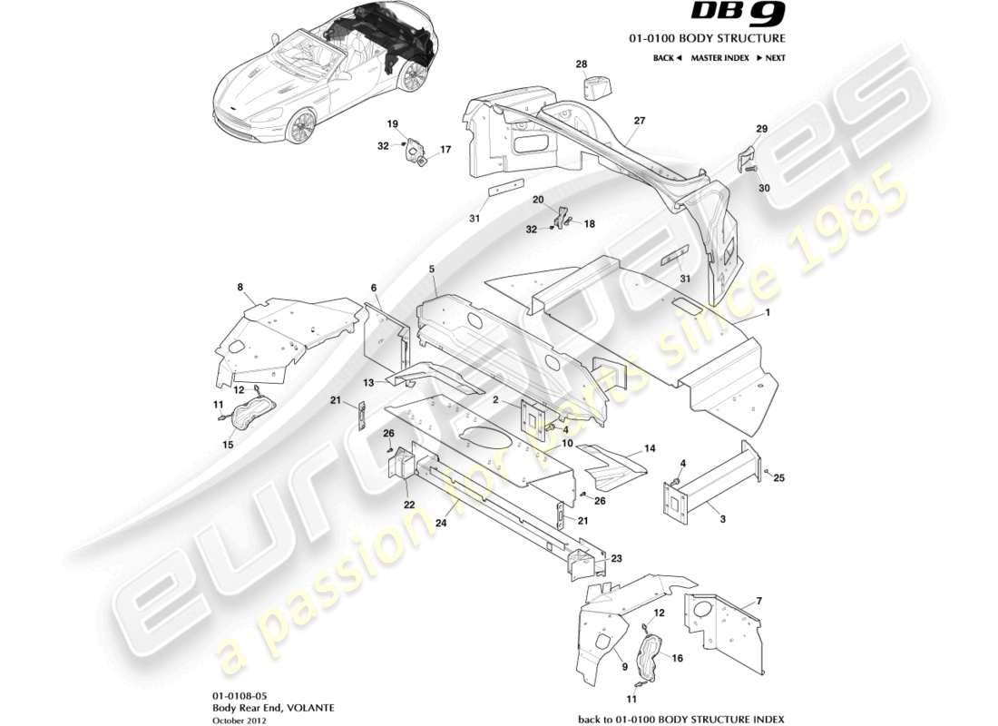 aston martin db9 (2017) body rear end, volante part diagram