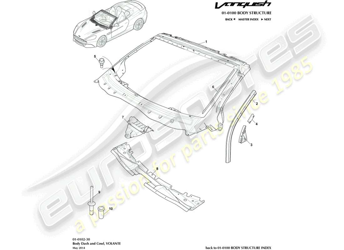 aston martin vanquish (2015) body dash & cowl, volante part diagram