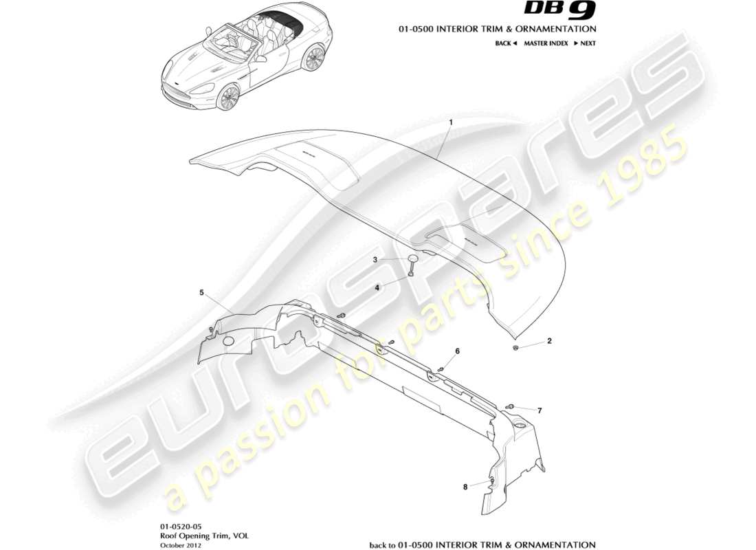 aston martin db9 (2013) roof opening trim, volante part diagram