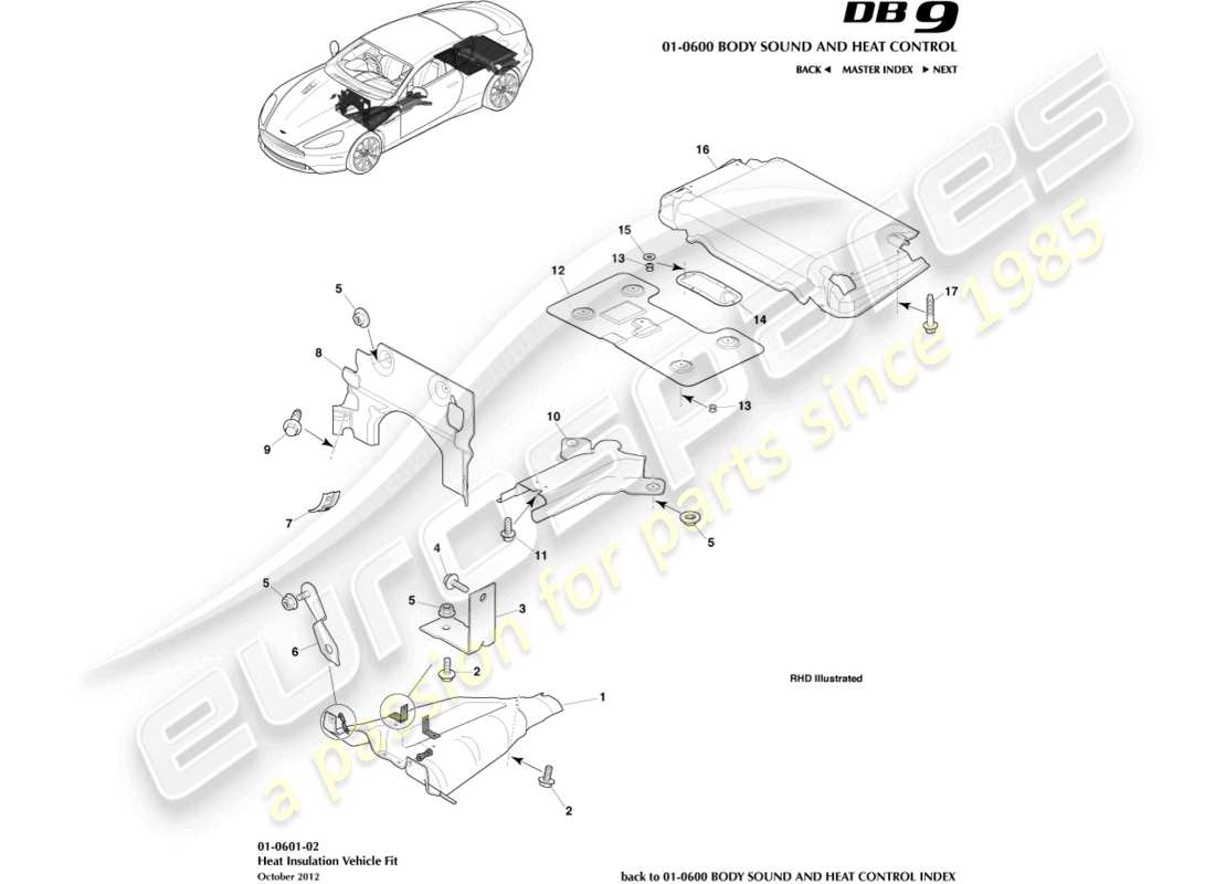 aston martin db9 (2017) heat insulation, vehicle fit part diagram