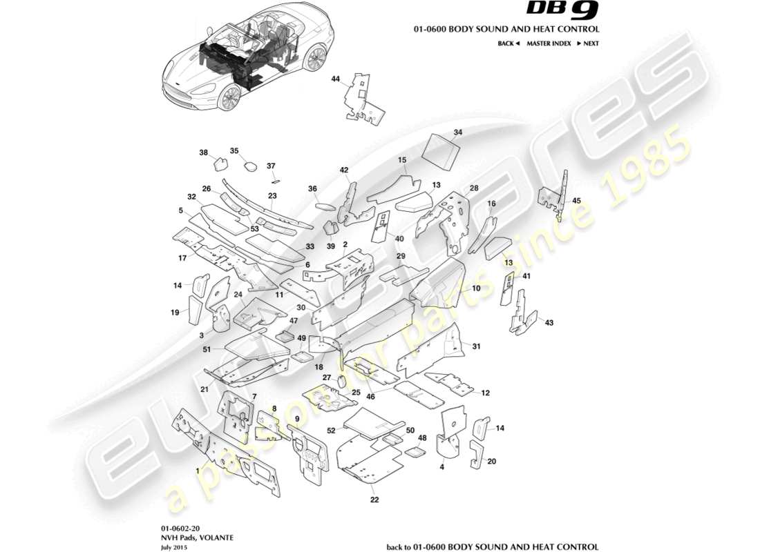 aston martin db9 (2013) nvh pads, volante part diagram