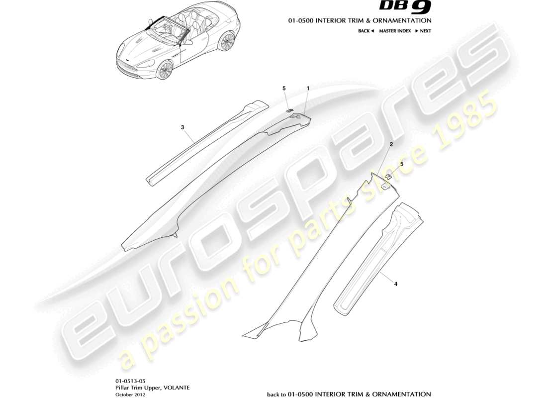 aston martin db9 (2017) pillar trim, upper, volante part diagram