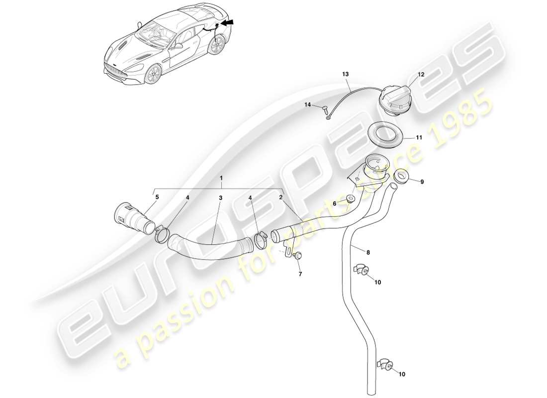 aston martin vanquish (2014) fuel filler assembly, coupe part diagram